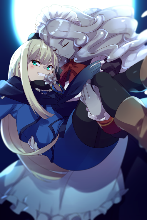 2girls apron blonde_hair blue_scarf blush boots brown_footwear carrying cis05 closed_eyes closed_mouth commentary_request eyebrows_visible_through_hair fang fate/grand_order fate_(series) flower golem green_eyes hair_between_eyes hat long_hair lord_el-melloi_ii_case_files maid maid_headdress mini_hat moon multiple_girls night night_sky open_eyes princess_carry red_ribbon reines_el-melloi_archisorte ribbon scarf sky teeth trimmau volumen_hydragyrum