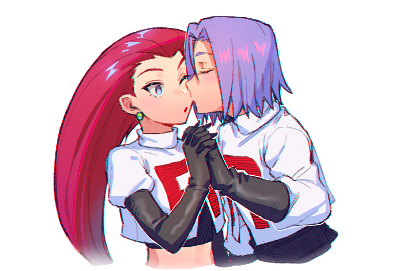1boy 1girl apple_brk big_hair blue_eyes cheek_kiss closed_mouth couple creatures_(company) earrings elbow_gloves eye_contact game_freak gloves green_eyes hair_slicked_back hand_holding hands_together hetero interlocked_fingers jewelry kiss kojirou_(pokemon) lipstick long_hair looking_at_another makeup musashi_(pokemon) nintendo one_eye_closed pokemon pokemon_(anime) purple_hair red_lips red_lipstick redhead short_hair simple_background surprised team_rocket team_rocket_uniform white_background