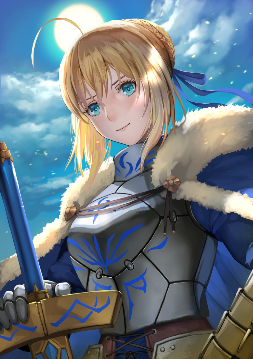 1girl ahoge armor armored_dress artoria_pendragon_(all) blonde_hair blue_ribbon board_game braid breasts cape clouds cloudy_sky commentary_request dutch_angle excalibur fate/grand_order fate_(series) french_braid fur-trimmed_cape fur_trim gauntlets go green_eyes hair_bun hair_ribbon highres holding holding_sword holding_weapon large_breasts maekawa_yuichi moon night night_sky ribbon saber sidelocks sky smile solo sword upper_body weapon