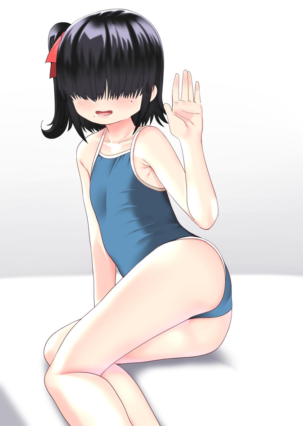 1girl :d armpit_crease artist_request ass bangs bare_arms bare_shoulders black_hair blue_swimsuit blush breasts collarbone competition_school_swimsuit copyright_request feet_out_of_frame hair_over_eyes hair_ribbon hand_up highres looking_at_viewer mole mole_under_eye mole_under_mouth one-piece_swimsuit one_side_up open_mouth red_ribbon ribbon small_breasts smile solo swimsuit violet_eyes