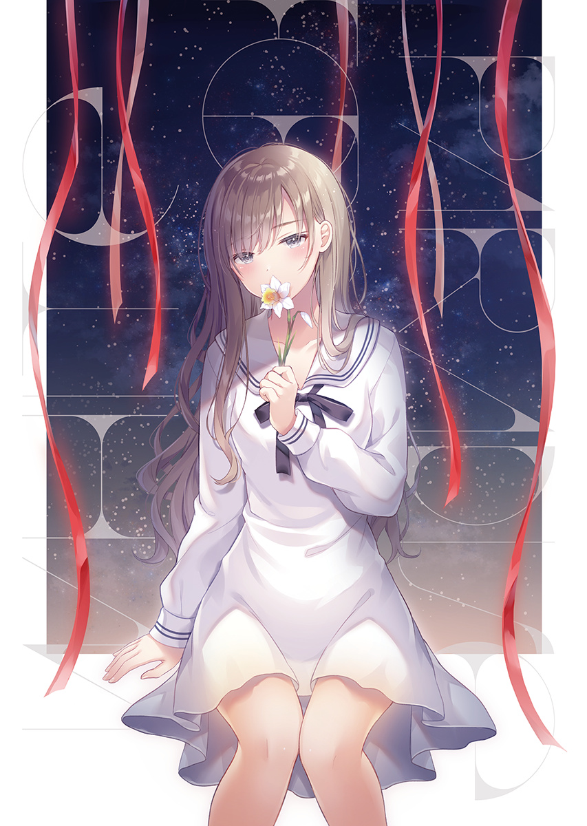 1girl bangs black_bow blush bow brown_hair collarbone commentary_request covered_mouth dress eyebrows_visible_through_hair flower grey_eyes hair_between_eyes head_tilt highres holding holding_flower long_hair long_sleeves night night_sky noda_shuha original puffy_long_sleeves puffy_sleeves red_ribbon ribbon sailor_collar sailor_dress sitting sky solo star_(sky) starry_sky very_long_hair white_dress white_flower white_sailor_collar