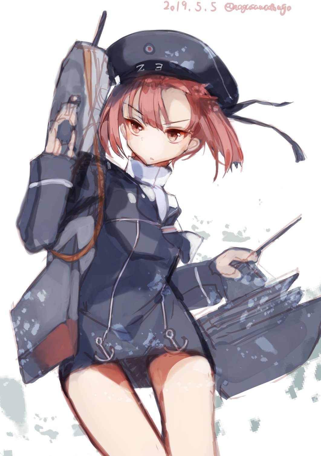 1girl adapted_turret blue_dress blue_headwear brown_eyes clothes_writing dated dress gun hat highres kantai_collection machinery military_hat nagasawa_tougo redhead sailor_collar sailor_dress sailor_hat short_hair simple_background solo twitter_username weapon white_background z3_max_schultz_(kantai_collection)