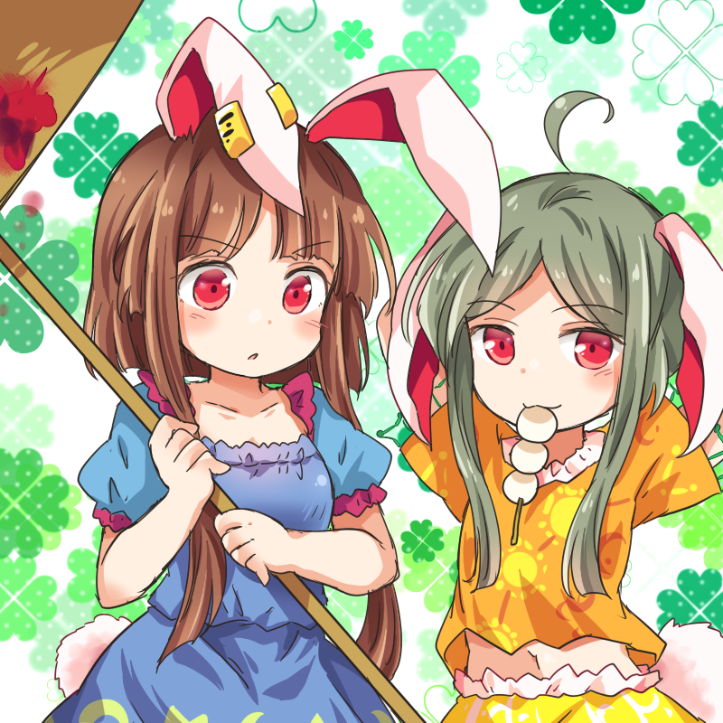 2girls ahoge animal_ears arms_up blue_dress blush brown_hair bunny_tail clover collarbone cosplay dango dress ear_clip eating floppy_ears food green_hair holding_mallet kemonomimi_mode kine midriff multiple_girls nishida_satono orange_shirt pote_(ptkan) puffy_short_sleeves puffy_sleeves rabbit_ears red_eyes ringo_(touhou) ringo_(touhou)_(cosplay) seiran_(touhou) seiran_(touhou)_(cosplay) shamrock shirt short_hair_with_long_locks short_sleeves shorts tail teireida_mai touhou upper_body wagashi