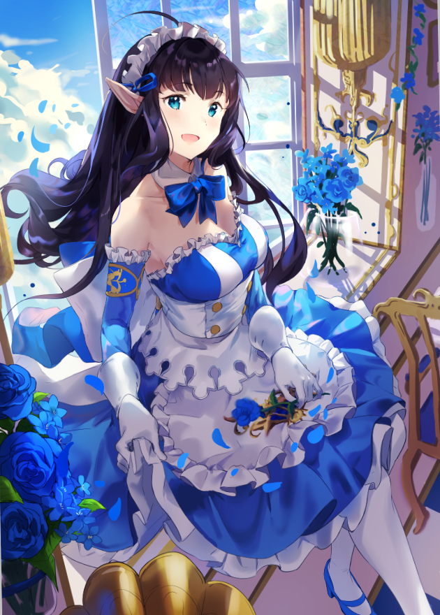 1girl :d ahoge apron bare_shoulders black_hair blue_dress blue_eyes blue_flower blue_footwear blue_neckwear blue_sky bow bowtie breasts chair cherim clouds collarbone day detached_collar detached_sleeves dress elf floating_hair flower frills gloves headdress indoors king's_raid long_hair looking_at_viewer maid mary_janes medium_breasts mirianne_(king's_raid) open_mouth petals pointy_ears rose shoes sidelocks sitting sky smile solo sunlight vase waist_apron white_gloves white_legwear window