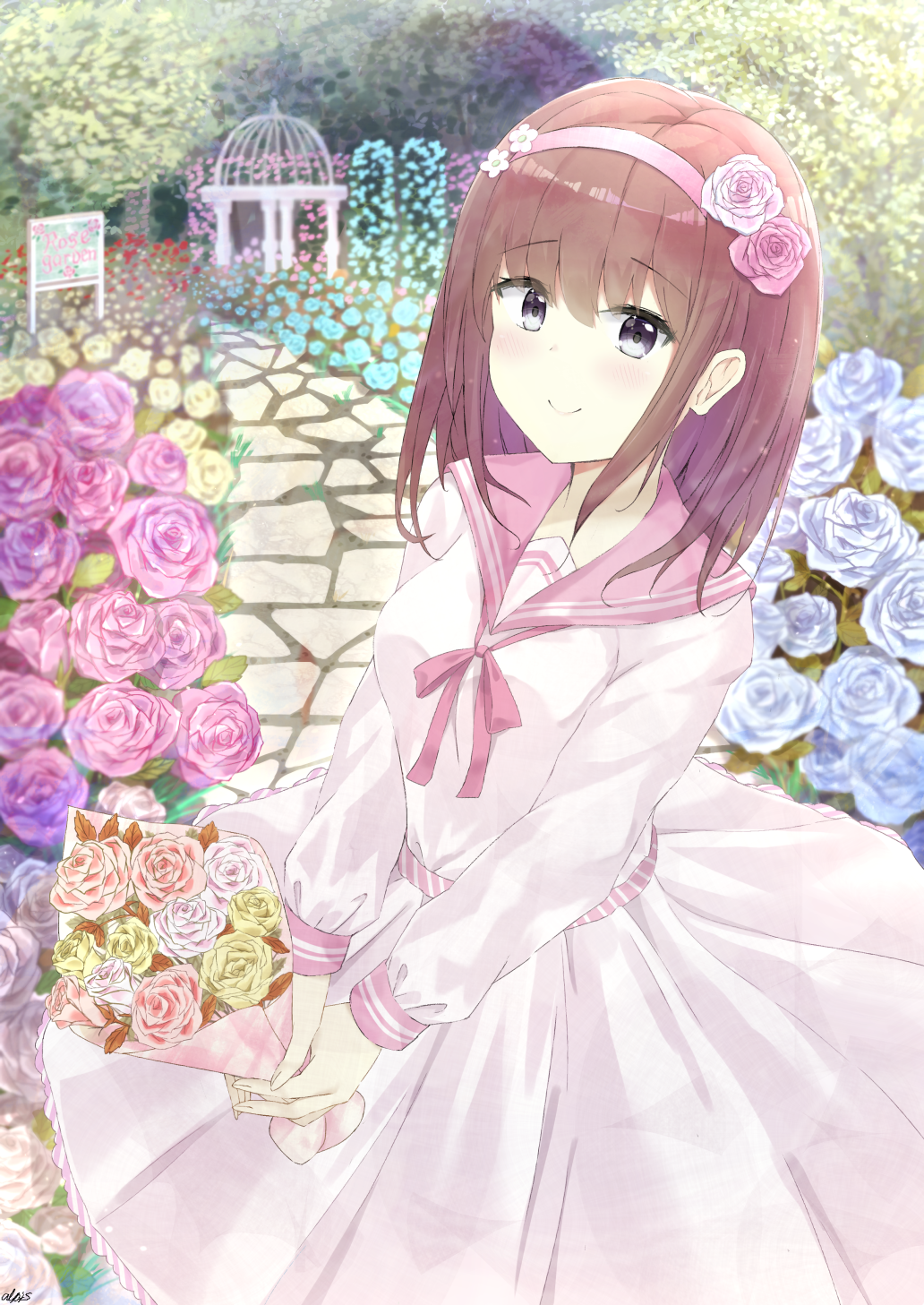 1girl 7_calpis_7 bangs blue_flower blue_rose blurry blurry_background blush bouquet breasts brown_hair closed_mouth commentary_request day depth_of_field dress english_text eyebrows_visible_through_hair fingernails flower grey_eyes hair_between_eyes hair_flower hair_ornament hairband highres holding holding_bouquet long_hair long_sleeves looking_at_viewer medium_breasts original outdoors pink_hairband pink_sailor_collar purple_flower purple_rose rose sailor_collar sailor_dress sign signature smile solo white_dress white_flower white_rose yellow_flower yellow_rose