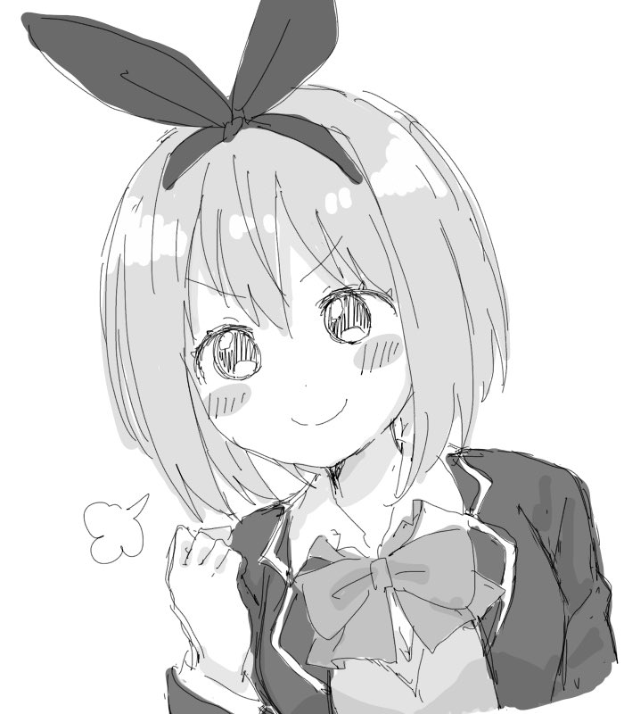 &gt;:) 1girl bangs blazer blush_stickers bow breasts closed_mouth collared_shirt dutch_angle eyebrows_visible_through_hair go-toubun_no_hanayome greyscale hair_between_eyes hair_ribbon hairband hand_up jacket long_sleeves medium_breasts monochrome nakano_yotsuba open_blazer open_clothes open_jacket ribbon shika_(s1ka) shirt short_hair sketch smile solo sweater_vest upper_body v-shaped_eyebrows