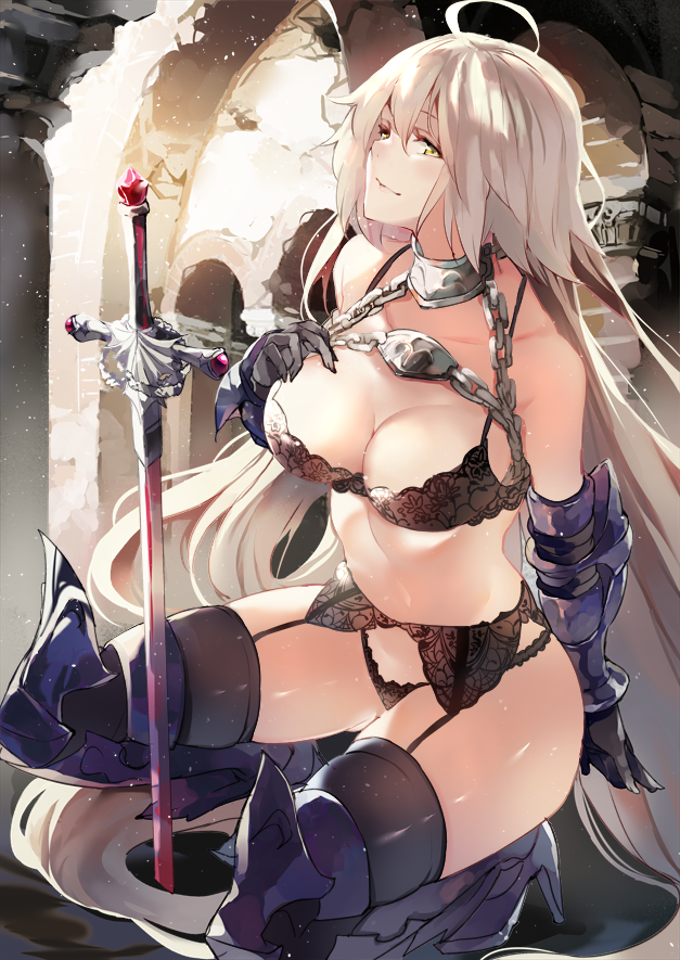 1girl armor armored_boots bare_shoulders black_bra black_legwear black_panties boots bra breasts chain_necklace chains cleavage elbow_gloves fate/grand_order fate_(series) full_body gloves grey_hair hair_between_eyes hand_on_own_chest highleg highleg_panties jeanne_d'arc_(alter)_(fate) jeanne_d'arc_(fate)_(all) ken_(coffee_michikusa) lace lace-trimmed_bra lace-trimmed_garter_belt lace-trimmed_panties lace_trim large_breasts lingerie long_hair navel panties ruins smile solo sword thigh-highs underwear weapon yellow_eyes