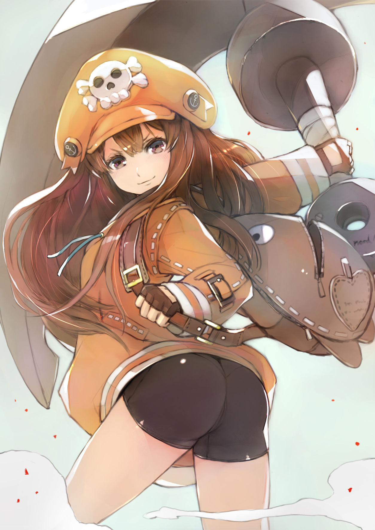 1girl anchor ass backpack bag bana_(stand_flower) bike_shorts breasts brown_eyes brown_hair guilty_gear guilty_gear_2020 hair_between_eyes hat highres huge_weapon long_hair looking_back may_(guilty_gear) orange_headwear orange_hoodie pantylines pirate_hat skull_and_crossbones small_breasts solo strap weapon