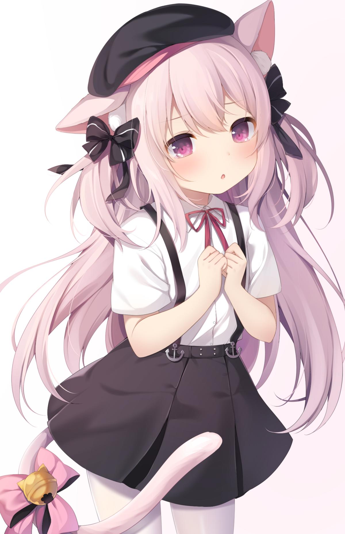 1girl :o amashiro_natsuki anchor animal_ear_fluff animal_ears azur_lane bangs bell beret black_bow black_headwear black_skirt blush bow brown_background cat_ears cat_girl cat_tail collared_shirt commentary_request cowboy_shot dress_shirt eyebrows_visible_through_hair gradient gradient_background hair_between_eyes hair_bow hands_up hat highres jingle_bell kisaragi_(azur_lane) long_hair looking_at_viewer neck_ribbon pantyhose parted_lips pink_bow pink_hair pleated_skirt red_eyes red_ribbon ribbon shirt skirt solo standing striped striped_bow suspender_skirt suspenders tail tail_bell tail_bow two_side_up very_long_hair white_background white_legwear white_shirt