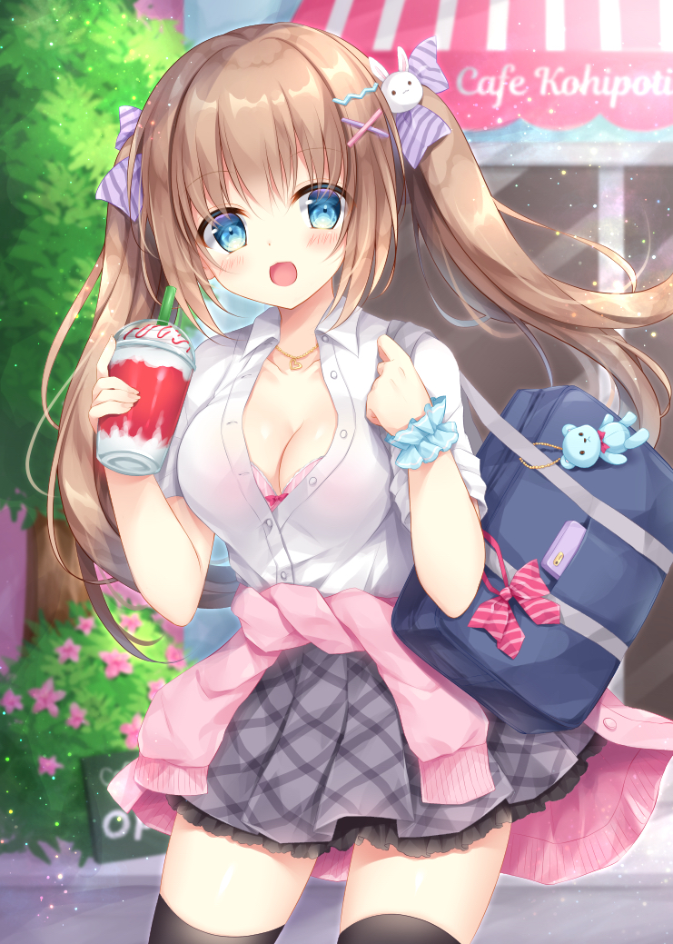 1girl :d bag bag_charm bangs black_legwear blue_eyes blue_scrunchie blurry blurry_background blush bow bow_bra bra breasts brown_hair bunny_hair_ornament cardigan cardigan_around_waist censored charm_(object) cleavage clothes_around_waist collarbone collared_shirt commentary_request cup day depth_of_field diagonal_stripes disposable_cup dress_shirt drinking_straw eyebrows_visible_through_hair grey_skirt hair_between_eyes hair_bow hair_ornament hairclip hands_up holding_strap kohinata_hoshimi long_hair looking_at_viewer medium_breasts open_mouth original outdoors pink_bra pink_cardigan pleated_skirt purple_bow school_bag school_uniform scrunchie shirt short_sleeves sign skirt smile solo standing striped striped_bow thigh-highs twintails underwear very_long_hair white_shirt wrist_scrunchie x_hair_ornament