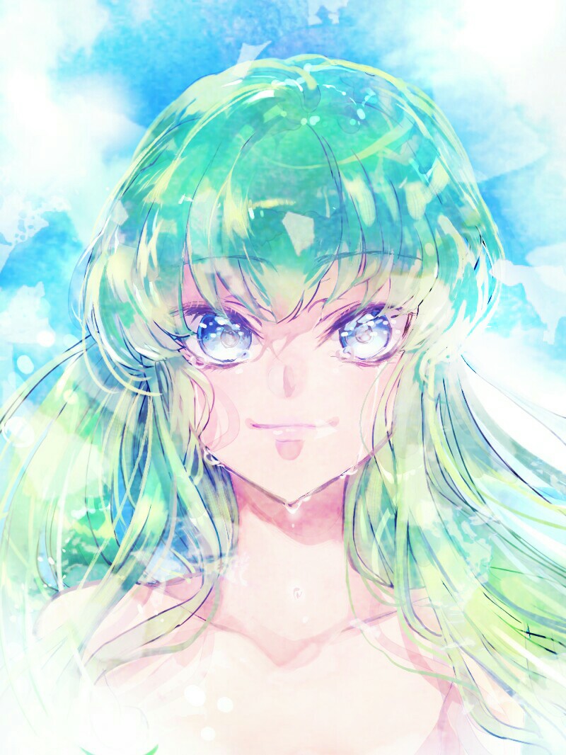 1girl blue_eyes c.c. code_geass collarbone eyebrows_visible_through_hair floating_hair green_hair long_hair looking_at_viewer nude portrait shiny shiny_hair smile solo sumi_otto