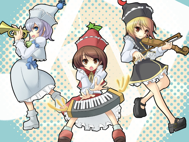 :o blonde_hair blue_eyes bow_(instrument) brown_eyes brown_hair hat instrument keyboard_(instrument) lavender_hair lunasa_prismriver lyrica_prismriver mary_janes merlin_prismriver multiple_girls no_socks outstretched_arms outstretched_hand platform_footwear shoes siblings sisters touhou trumpet violin wapokichi yellow_eyes