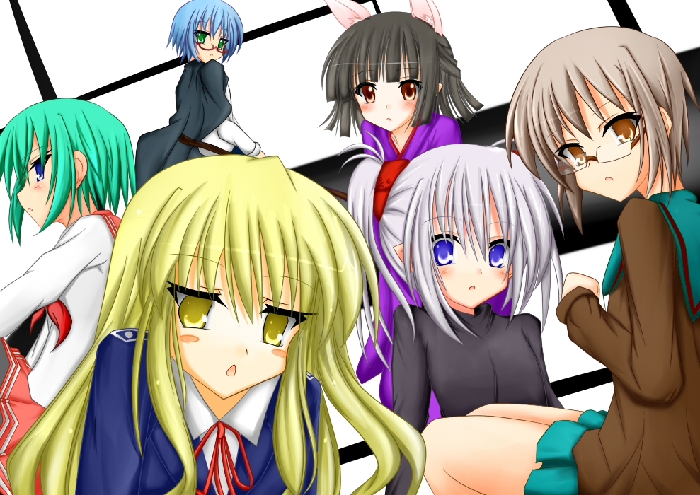 animal_ears bangs black_hair blazer blonde_hair blue_eyes blunt_bangs blush brown_eyes brown_hair cape character_request crossover glasses green_eyes green_hair grey_hair hasaha iwasaki_minami japanese_clothes kimono kuchinashi_(needless) kuudere long_hair long_sleeves lucky_star multiple_girls nagato_yuki needless open_mouth pleated_skirt pointy_ears primula ribbon school_uniform short_hair shuffle! sitting skirt summon_night summon_night_2 suzumiya_haruhi_no_yuuutsu t_(dyuhuhudyukusi) tabitha trait_connection twintails yellow_eyes zero_no_tsukaima