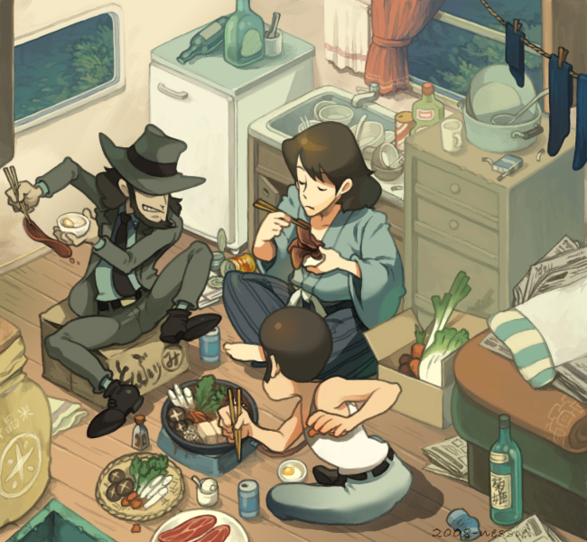 arsene_lupin_iii bad_id beard chopsticks daisuke_jigen eating facial_hair food ishikawa_goemon_xiii jigen_daisuke lupin_iii male multiple_boys nessie sideburns sitting sukiyaki