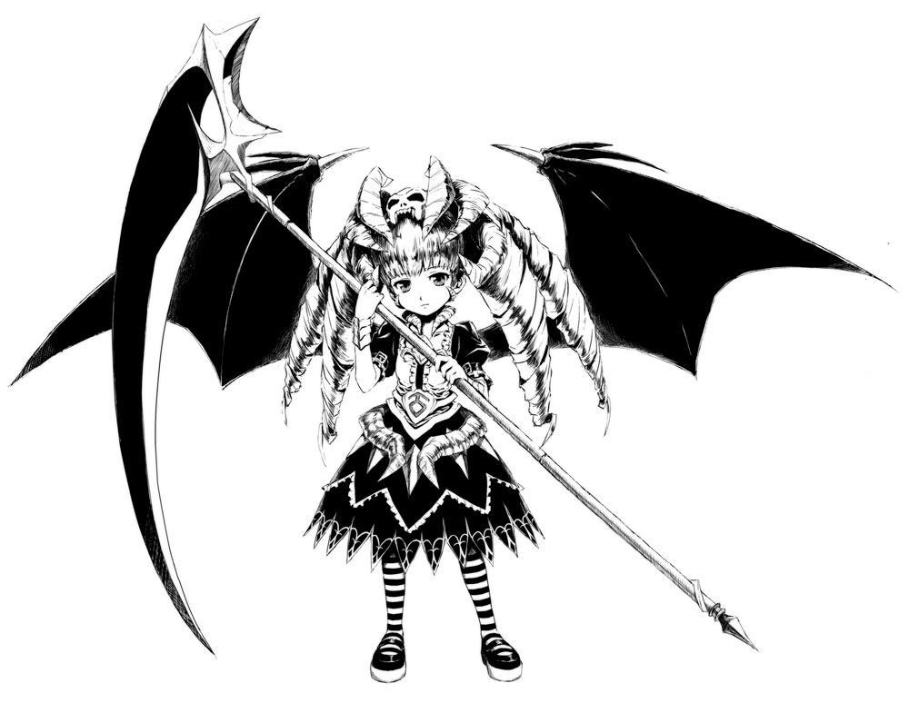 demon_girl drill_hair fukukitaru horns long_hair monochrome original scythe striped twintails wings