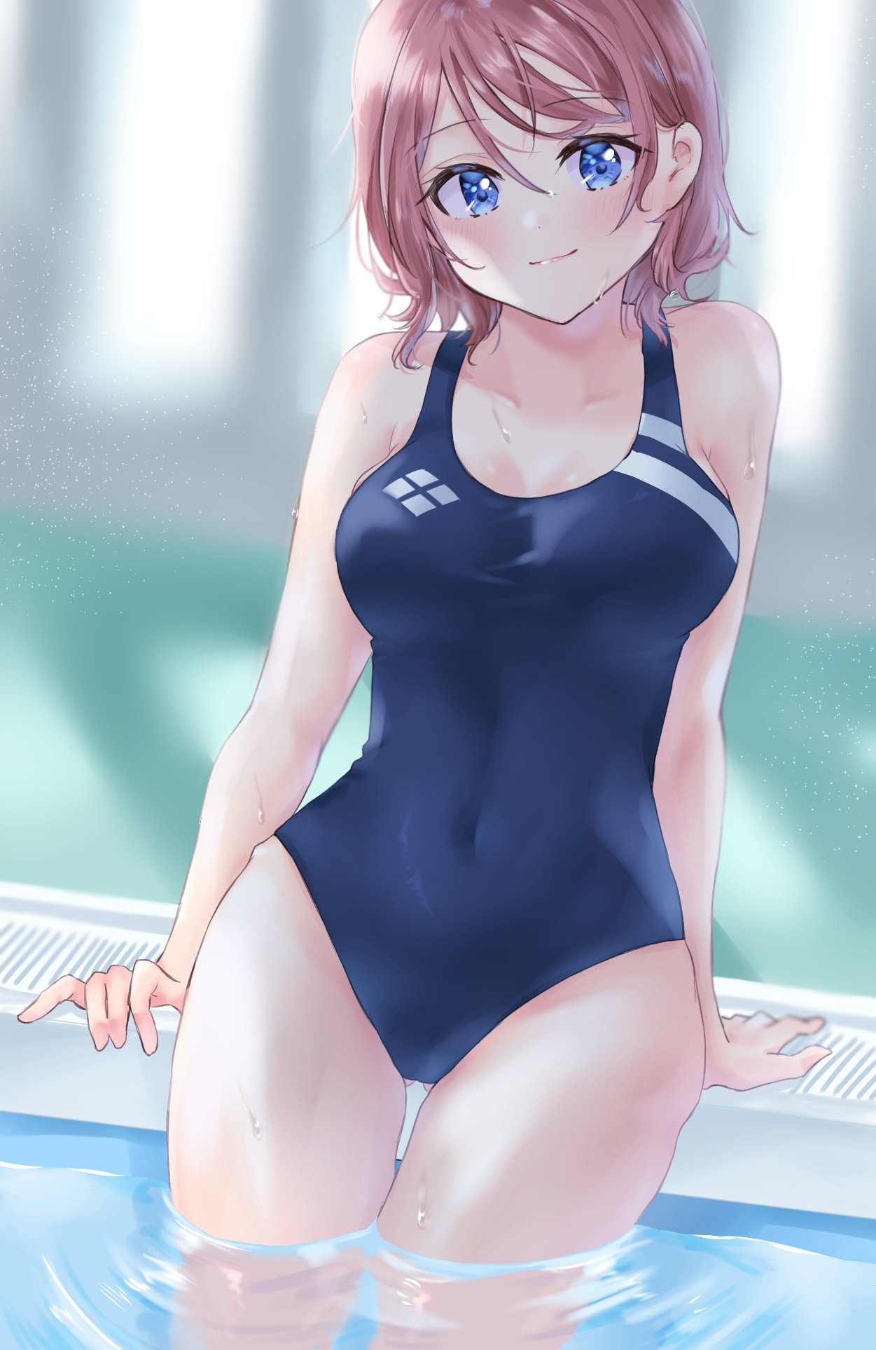 1girl ass_visible_through_thighs blue_eyes blue_swimsuit blurry blurry_background blush brown_hair commentary_request covered_navel highres looking_at_viewer love_live! love_live!_sunshine!! minori_748 one-piece_swimsuit school_swimsuit short_hair smile soaking_feet solo swimsuit thigh_gap watanabe_you wet