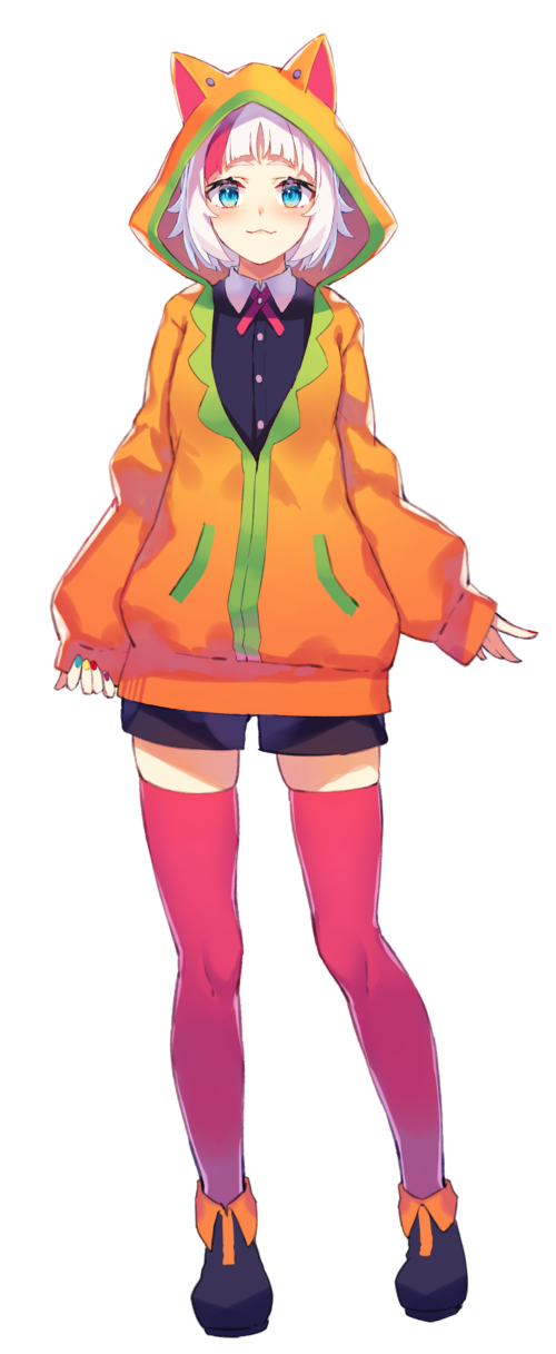 1girl :3 animal_ears animal_hood bangs black_shorts blue_eyes blunt_bangs blush cat_hood closed_mouth fake_animal_ears full_body hassaku_yuzu highres hood hood_up hoodie long_sleeves looking_at_viewer multicolored multicolored_hair multicolored_nails nail_polish nijisanji official_art orange_hoodie pink_legwear redhead short_hair shorts sleeves_past_wrists smile solo standing streaked_hair tachi-e thigh-highs transparent_background virtual_youtuber white_hair yasumo_(kuusouorbital)