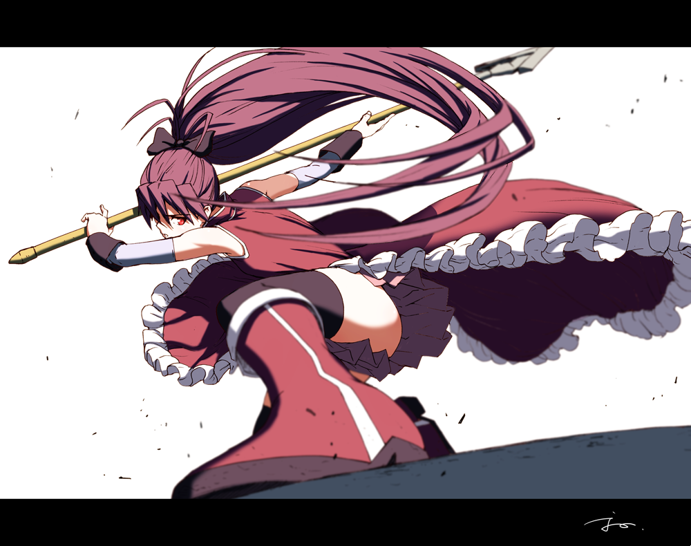 1girl bare_back black_ribbon boots detached_sleeves gloves hair_ribbon letterboxed long_hair mahou_shoujo_madoka_magica one_knee oono_tsutomu polearm ponytail purple_hair red_eyes ribbon sakura_kyouko solo spear thigh-highs thighs weapon white_background white_gloves