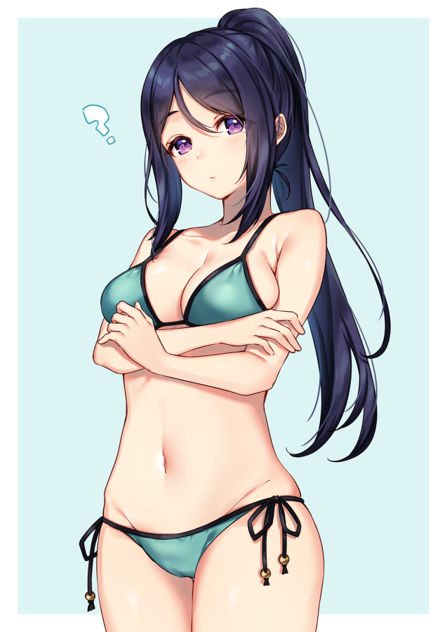 1girl ? aqua_background aqua_bikini arms_under_breasts bare_arms bare_shoulders bikini blue_hair breast_hold breasts cleavage collarbone commentary_request cowboy_shot eyebrows_visible_through_hair groin high_ponytail long_hair looking_at_viewer love_live! love_live!_sunshine!! matsuura_kanan medium_breasts moyui_(myi_005) navel outside_border ponytail side-tie_bikini sidelocks simple_background solo standing stomach swimsuit violet_eyes