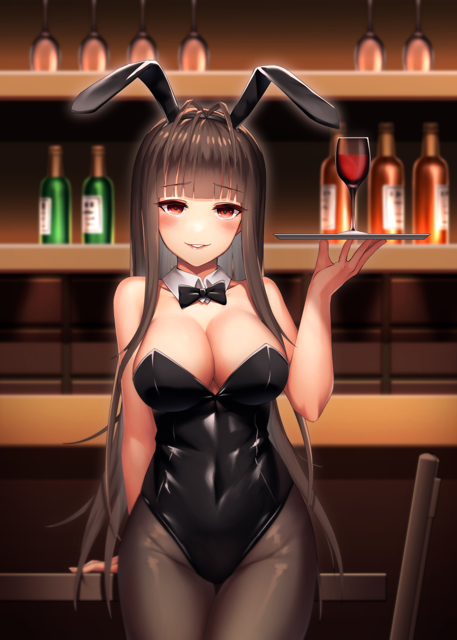1girl animal_ears bangs bar black_legwear black_leotard black_neckwear blunt_bangs bottle bow bowtie breasts brown_hair bunny_girl bunnysuit chair chinese_commentary cleavage commentary_request cowboy_shot detached_collar dsr-50_(girls_frontline) girls_frontline highres large_breasts leotard long_hair looking_at_viewer pantyhose rabbit_ears red_eyes shoron solo strapless strapless_leotard table tray