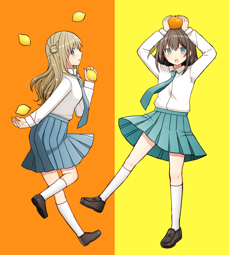 2girls :o arms_up blue_eyes blue_neckwear blue_skirt blush brown_footwear brown_hair collared_shirt commentary_request dress_shirt food fruit hair_bun holding holding_food kneehighs kurata_rine lemon loafers long_hair multiple_girls necktie open_mouth orange orange_background original parted_lips pleated_skirt profile school_uniform shirt shoes side_bun skirt two-tone_background very_long_hair white_legwear white_shirt yellow_background