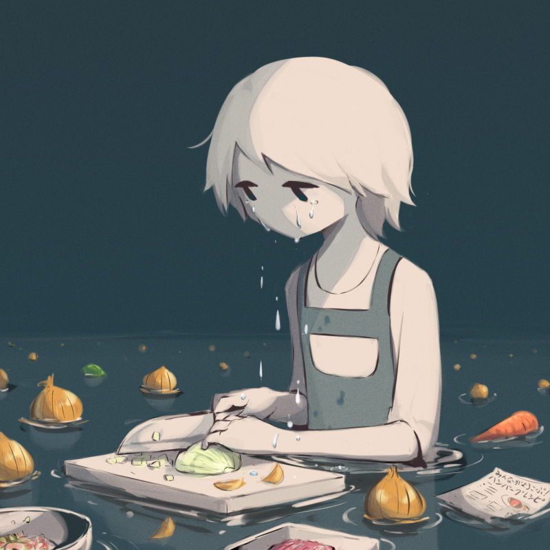 1other afloat androgynous apron aqua_background avogado6 carrot commentary_request crying crying_with_eyes_open cutting cutting_board cutting_onions food holding holding_knife knife liquid looking_down meat no_mouth onion original recipe_(object) shirt short_hair solid_oval_eyes solo tears translation_request wading white_hair white_shirt white_skin