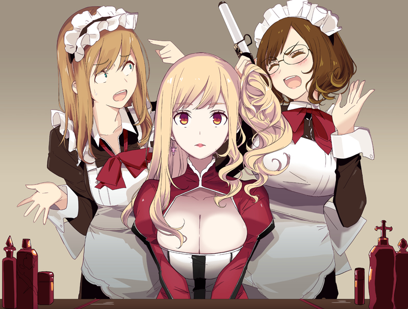 3girls bangs blonde_hair blush bottle breasts cleavage closed_eyes curly_hair earrings expressionless eyebrows_visible_through_hair glasses green_eyes jewelry large_breasts lipstick long_hair maid_headdress makeup mikoto_akemi multiple_girls open_mouth original pointing short_hair side_ponytail sweatdrop teeth