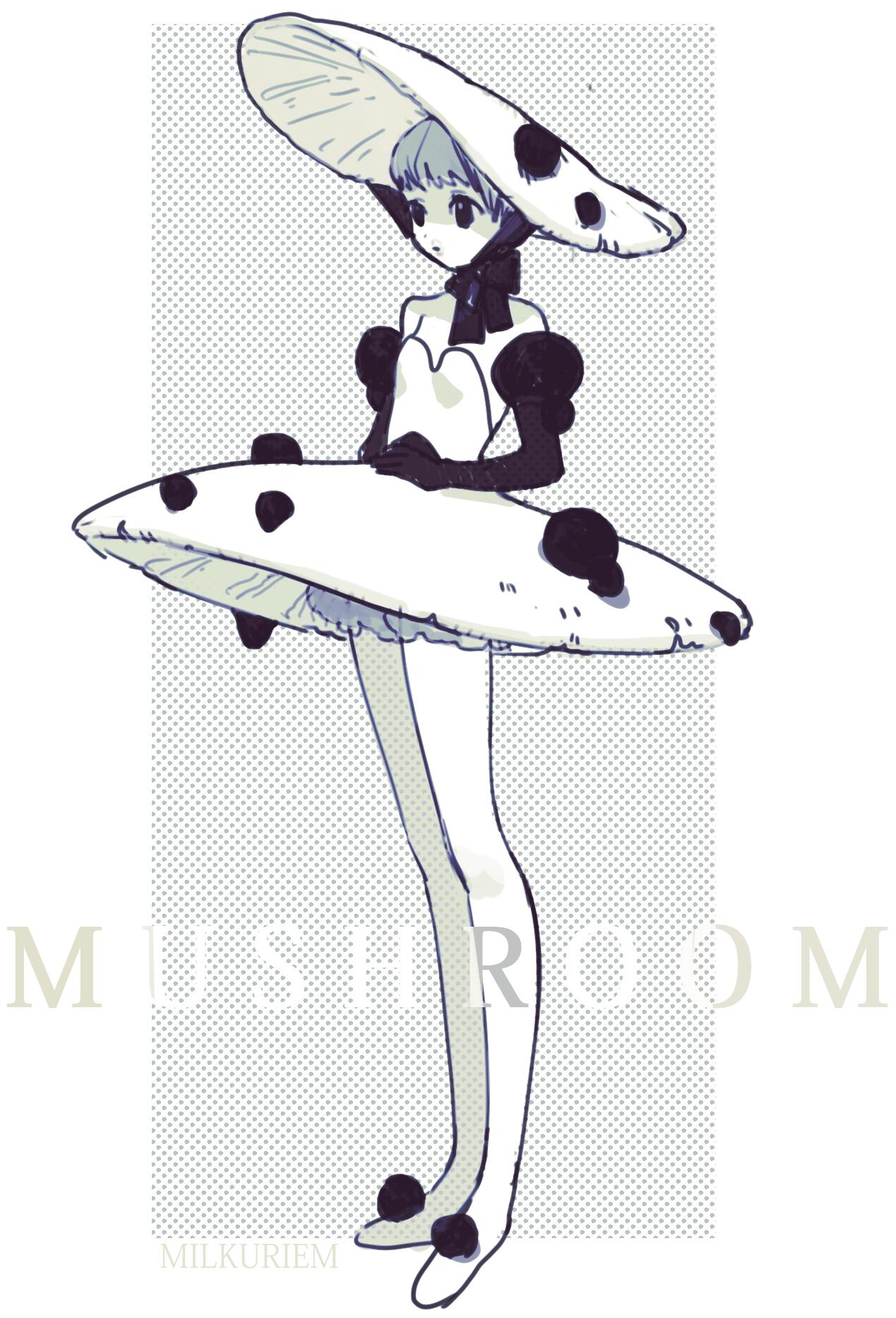 1girl bare_shoulders black_bow black_eyes black_gloves bow closed_mouth dress elbow_gloves english_text full_body gloves hands_together hat highres milkuriem monochrome mushroom original puffy_sleeves short_hair solo standing white_dress white_footwear white_legwear