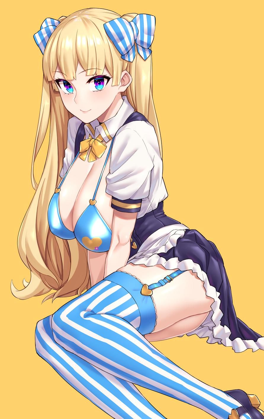 1girl apron bangs blonde_girl_(michihasu) blonde_hair blue_bikini_top blunt_bangs bow breasts eyebrows_visible_through_hair frilled_skirt frills garter_straps hair_bow heart highres large_breasts long_hair looking_at_viewer michihasu multicolored multicolored_eyes neck_ribbon original puffy_short_sleeves puffy_sleeves ribbon short_sleeves simple_background sitting skirt smile solo striped striped_legwear underwear very_long_hair waist_apron white_apron yellow_background