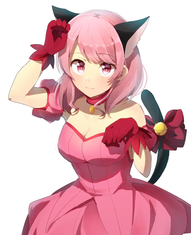 1girl animal_ears bang_dream! bangs bell bow breasts cat_ears cat_tail cleavage detached_sleeves dress gloves harusawa jingle_bell long_hair looking_at_viewer maruyama_aya medium_breasts paw_pose pink_collar pink_dress pink_eyes pink_hair red_bow red_gloves simple_background smile solo strapless strapless_dress tail tail_bell tail_bow tokyo_mew_mew white_background