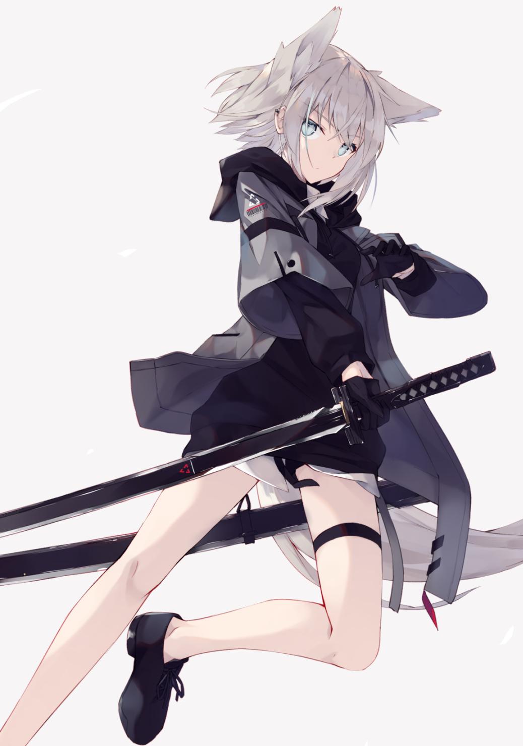 1girl animal_ears bangs black_gloves eyebrows_visible_through_hair gloves gradient gradient_background grey_background grey_eyes grey_hair grey_jacket highres holding holding_sword holding_weapon jacket long_sleeves looking_at_viewer medium_hair nagishiro_mito open_clothes open_jacket original shirt solo sword tail weapon white_background wolf_ears wolf_girl wolf_tail