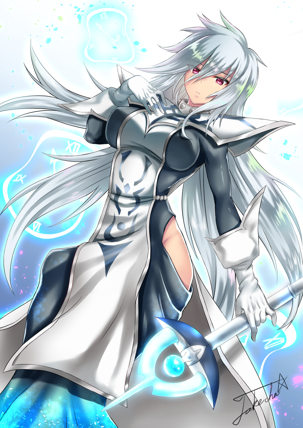 1girl blue_eyes breasts closed_mouth dress duel_monster gloves hair_between_eyes hat highres hip_vent impossible_clothes impossible_dress large_breasts long_hair looking_at_viewer no_hat no_headwear pauldrons red_eyes silent_magician silver_hair solo staff tabard takecha very_long_hair white_gloves yu-gi-oh! yuu-gi-ou yuu-gi-ou_duel_monsters