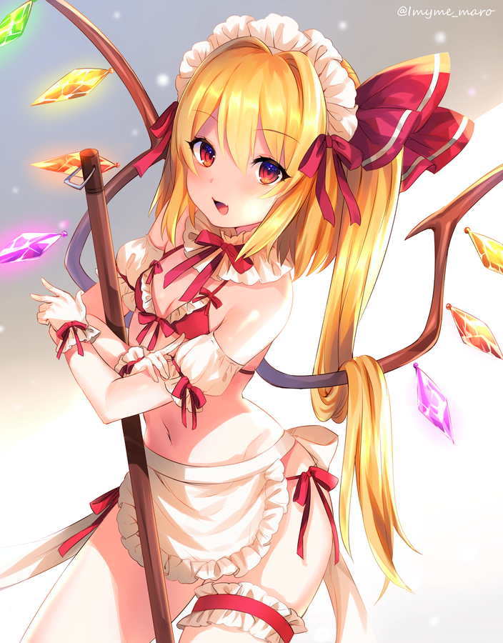 1girl :d alternate_costume apron artist_name bangs bare_shoulders bikini blonde_hair blush breasts broom collar commentary_request cowboy_shot crystal detached_sleeves enmaided eyebrows_visible_through_hair fang flandre_scarlet frilled_apron frilled_bikini frilled_collar frills front-tie_bikini front-tie_top gloves gradient gradient_background grey_background hair_between_eyes hair_intakes hair_ribbon leg_garter long_hair looking_at_viewer maid maid_apron maid_bikini maid_headdress marota navel neck_ribbon one_side_up open_mouth puffy_short_sleeves puffy_sleeves red_bikini red_eyes red_neckwear red_ribbon ribbon short_sleeves side-tie_bikini sidelocks skin_fang small_breasts smile solo standing stomach swimsuit thighs touhou twitter_username very_long_hair waist_apron white_apron white_background white_collar white_gloves wings