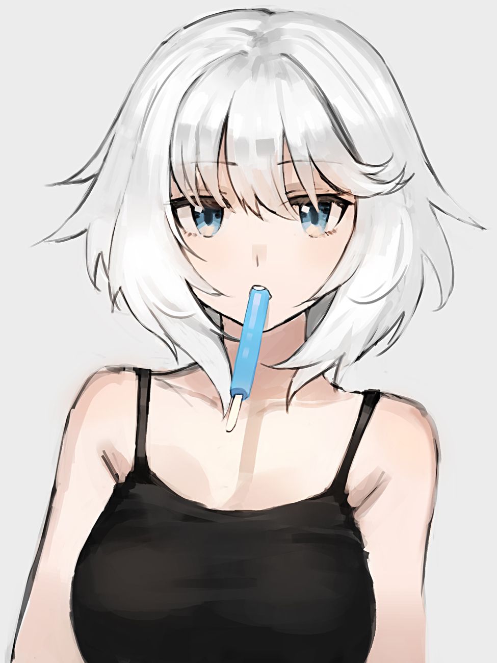 1girl bangs bare_shoulders black_camisole blue_eyes blush breasts camisole collarbone commentary_request eyebrows_visible_through_hair food food_in_mouth grey_background hair_between_eyes highres looking_at_viewer medium_breasts mouth_hold original parted_lips popsicle round_teeth ryokucha_manma silver_hair simple_background solo teeth upper_body upper_teeth