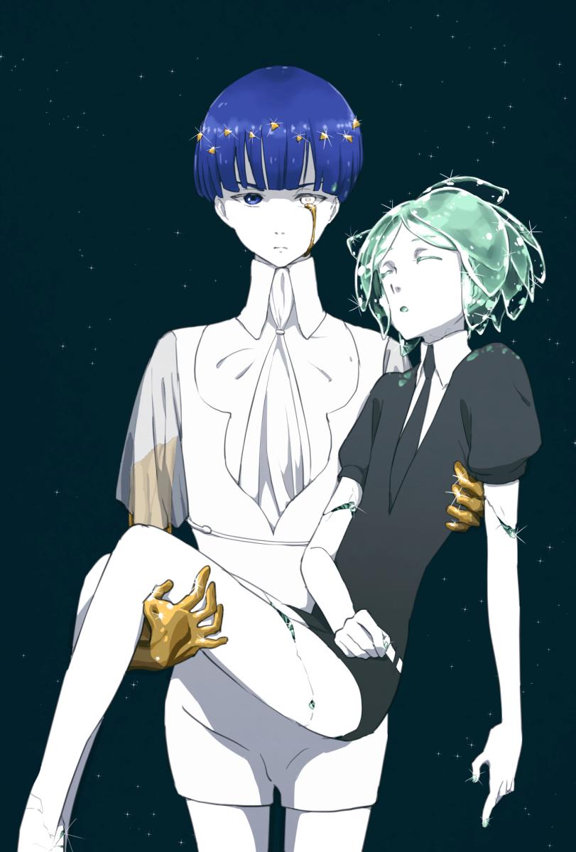 2others androgynous bangs blue_eyes blue_hair blunt_bangs carrying closed_eyes colored_eyelashes cracked crying crying_with_eyes_open crystal_hair determined dual_persona eyebrows_visible_through_hair gem_uniform_(houseki_no_kuni) golden_arms green_hair heterochromia highres houseki_no_kuni looking_at_viewer multiple_others multiple_persona necktie phosphophyllite phosphophyllite_(ll) princess_carry see-through_sleeves short_hair sleeping spoilers tears white_eyes white_skin