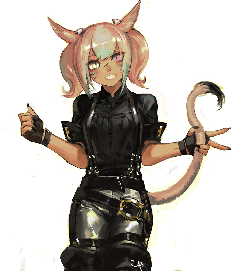 1girl animal_ears bangs black_shirt boots cat_ears cat_tail dark_skin eyebrows_visible_through_hair facial_mark facial_scar final_fantasy final_fantasy_xiv fingerless_gloves frischenq gloves heterochromia looking_at_viewer miqo'te pants pink_hair scar scar_on_cheek shirt short_hair short_sleeves short_twintails slit_pupils smile solo suspenders tail thigh-highs thigh_boots twintails whisker_markings