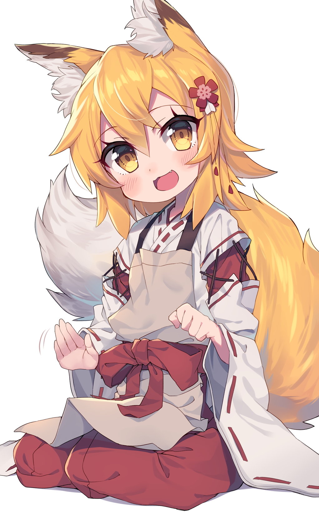 1girl :d animal_ear_fluff animal_ears apron bangs blonde_hair blush brown_apron brown_eyes commentary_request eyebrows_visible_through_hair fang flower fox_ears fox_girl fox_tail hair_between_eyes hair_flower hair_ornament hakama head_tilt highres japanese_clothes kimono lap_pillow_invitation long_hair long_sleeves looking_at_viewer no_shoes open_mouth patting_lap red_flower red_hakama ribbon-trimmed_sleeves ribbon_trim senko_(sewayaki_kitsune_no_senko-san) sewayaki_kitsune_no_senko-san shadow simple_background smile socks solo tail wagashi928 white_background white_kimono white_legwear wide_sleeves