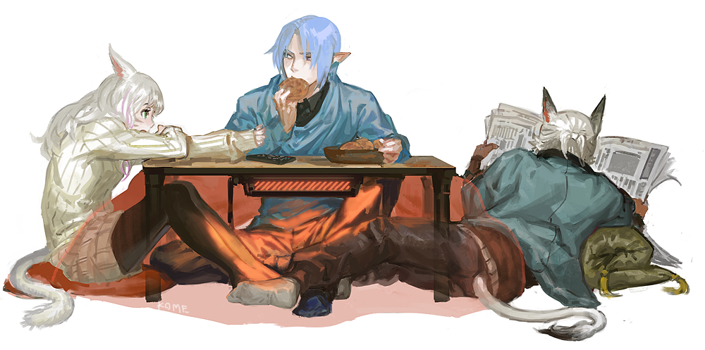 1girl 2boys animal_ears blue_hair cat_ears cat_tail controller dark_skin eating elezen elf facial_mark final_fantasy final_fantasy_xiv frischenq green_eyes kotatsu long_hair looking_at_another lying miqo'te multiple_boys newspaper on_side outstretched_arm pointy_ears remote_control short_hair sitting sleeves_past_wrists sweater table tail white_background white_hair x-ray