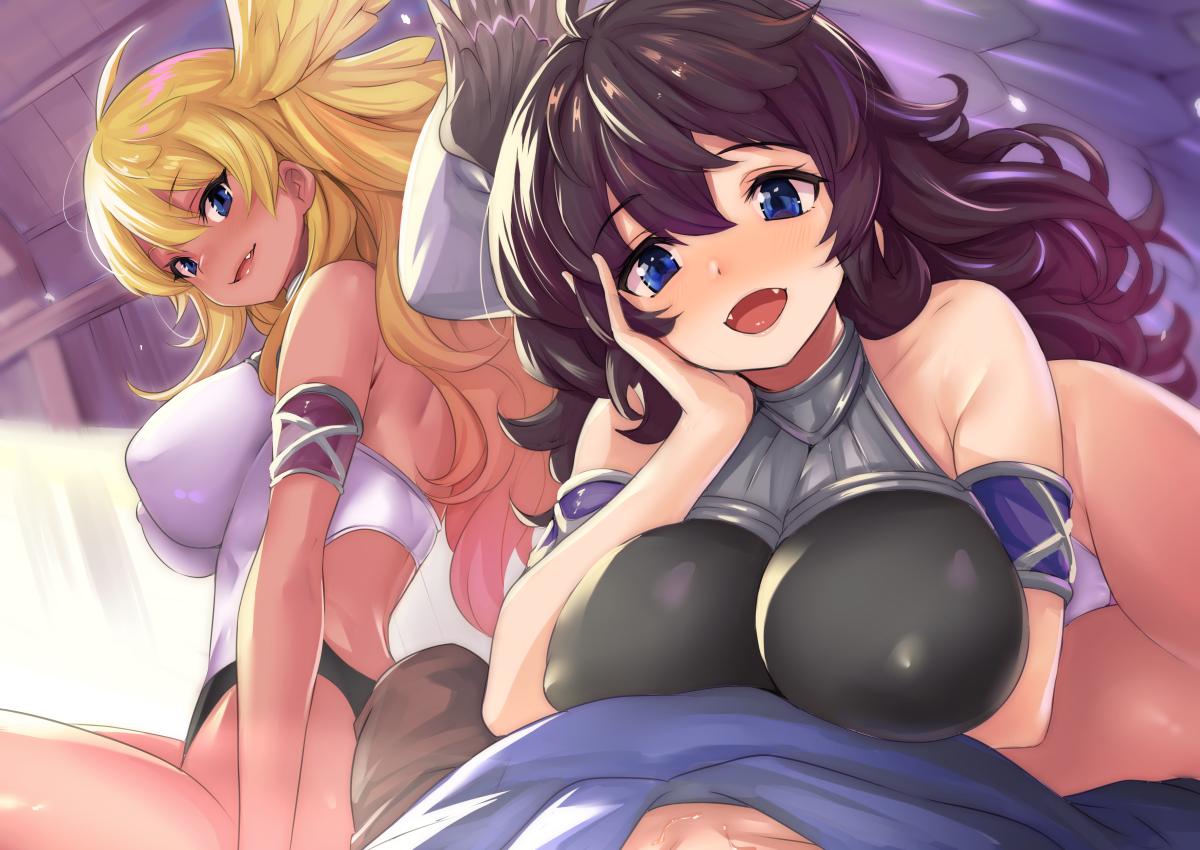 1boy 2girls ahoge armlet bangs bare_shoulders black_hair blonde_hair blue_eyes breasts commentary_request curly_hair erect_nipples eyebrows_visible_through_hair fangs granblue_fantasy hair_between_eyes hand_on_own_cheek harut_(granblue_fantasy) head_wings kztk large_breasts leotard long_hair looking_at_viewer marut_(granblue_fantasy) multiple_girls open_mouth white_leotard