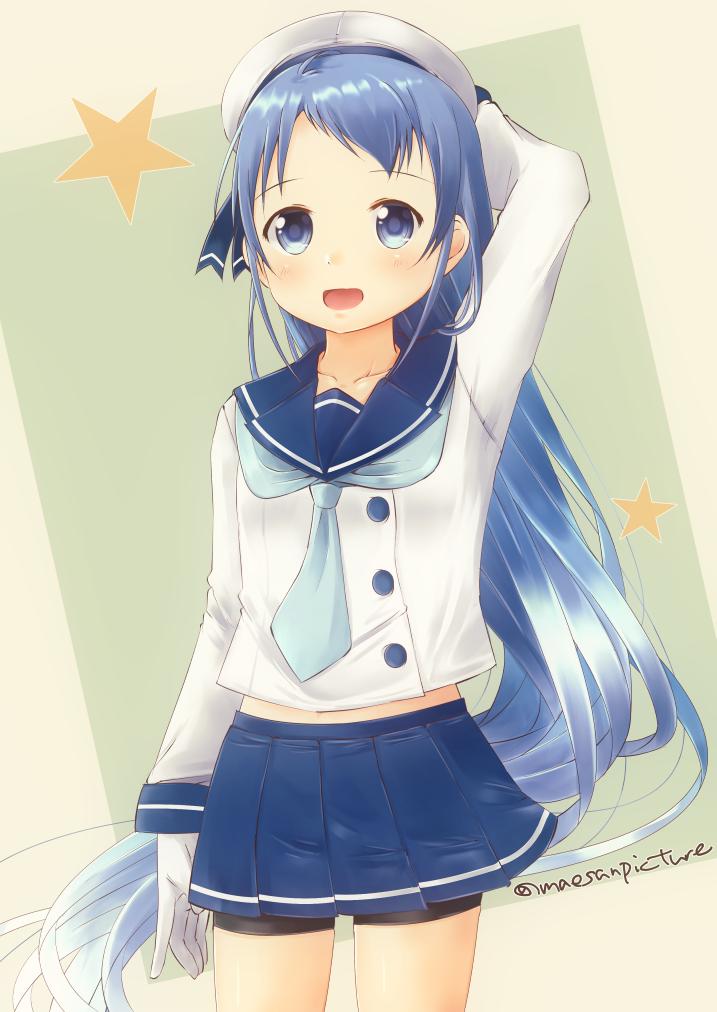 alternate_costume artist_name bangs beret bike_shorts blue_eyes blue_hair blue_neckwear blue_skirt collarbone commentary_request cowboy_shot gloves hand_on_own_head hat kantai_collection long_hair long_sleeves mae_(maesanpicture) neckerchief open_mouth sailor_collar samidare_(kantai_collection) skirt swept_bangs very_long_hair white_gloves white_serafuku