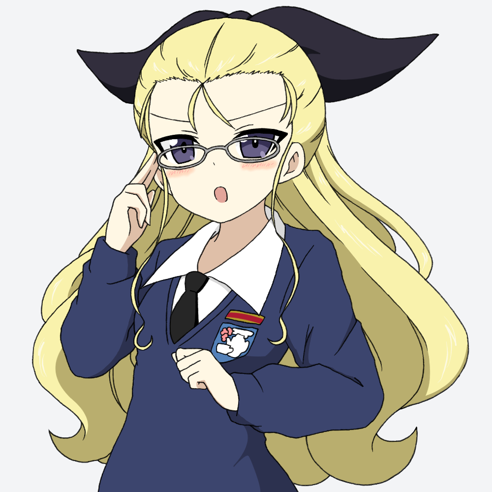 1girl adjusting_eyewear assam bespectacled black_neckwear black_ribbon blonde_hair blue_eyes blue_sweater clenched_hand commentary_request dress_shirt emblem frown girls_und_panzer glasses grey-framed_eyewear grey_background hair_pulled_back hair_ribbon ichinose_jun light_blush long_hair long_sleeves looking_at_viewer necktie open_mouth partial_commentary ribbon school_uniform shirt simple_background solo st._gloriana's_(emblem) st._gloriana's_school_uniform standing sweater upper_body v-neck white_shirt wing_collar