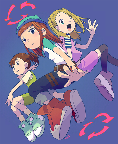 belt blonde_hair breasts brown_hair closed_mouth commentary_request crossover denim digimon digimon_frontier digimon_tamers dress green_eyes hat jeans katou_juri long_hair looking_at_viewer makino_ruki multiple_girls open_mouth orimoto_izumi pants ponytail shirt short_hair smile striped t_k_g wristband