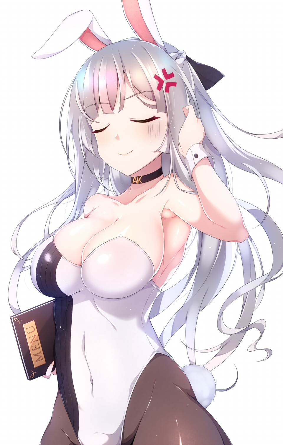 1girl adjusting_hair ak-12_(girls_frontline) animal_ears armpits bangs black_ribbon braid breasts brown_legwear bunny_tail choker closed_eyes closed_mouth covered_navel cowboy_shot detached_collar eyebrows_visible_through_hair facing_viewer fake_animal_ears fake_tail french_braid girls_frontline hair_ribbon highres holding_menu large_breasts leotard long_hair pantyhose rabbit_ears ribbon ripe.c sidelocks silver_hair simple_background skindentation smile solo strapless strapless_leotard tail very_long_hair white_background white_leotard wrist_cuffs