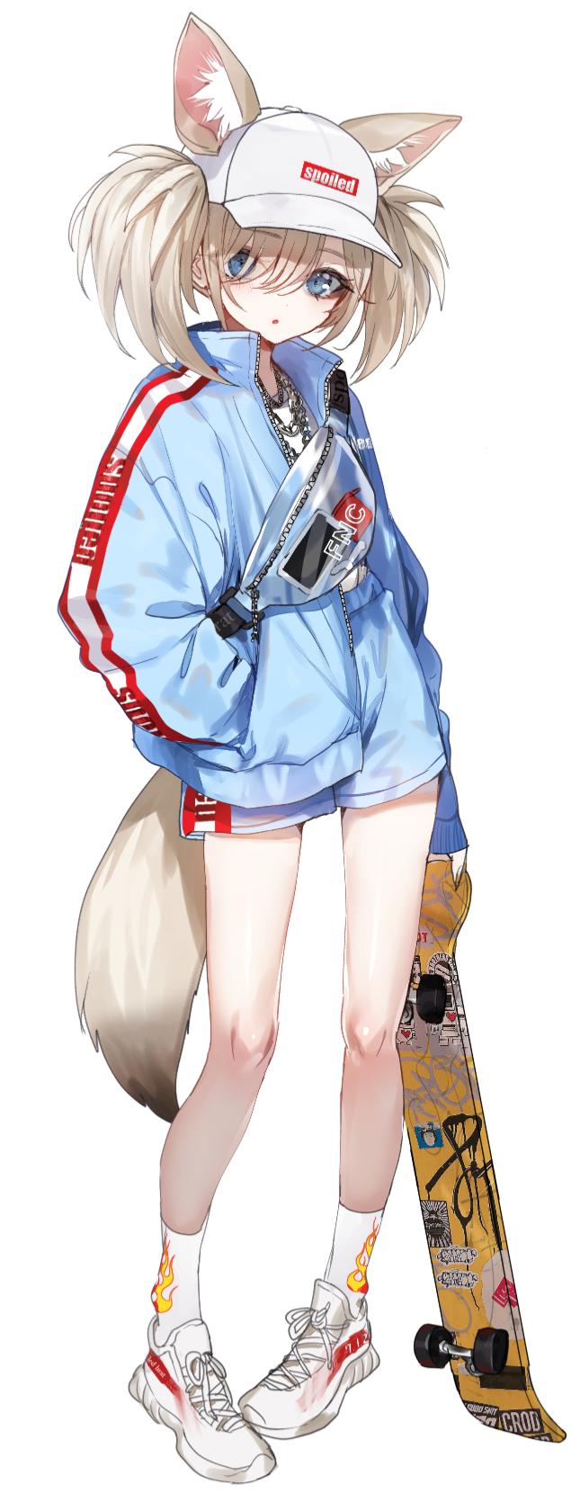 1girl animal_ears bag baseball_cap blue_eyes blue_shorts full_body hair_between_eyes hand_in_pocket hat highres holding_skateboard jacket jewelry long_sleeves looking_at_viewer necklace nekometaru open_clothes open_jacket original shoes shorts shoulder_bag simple_background skateboard sleeves_past_wrists socks solo standing tail white_background white_footwear white_headwear zipper