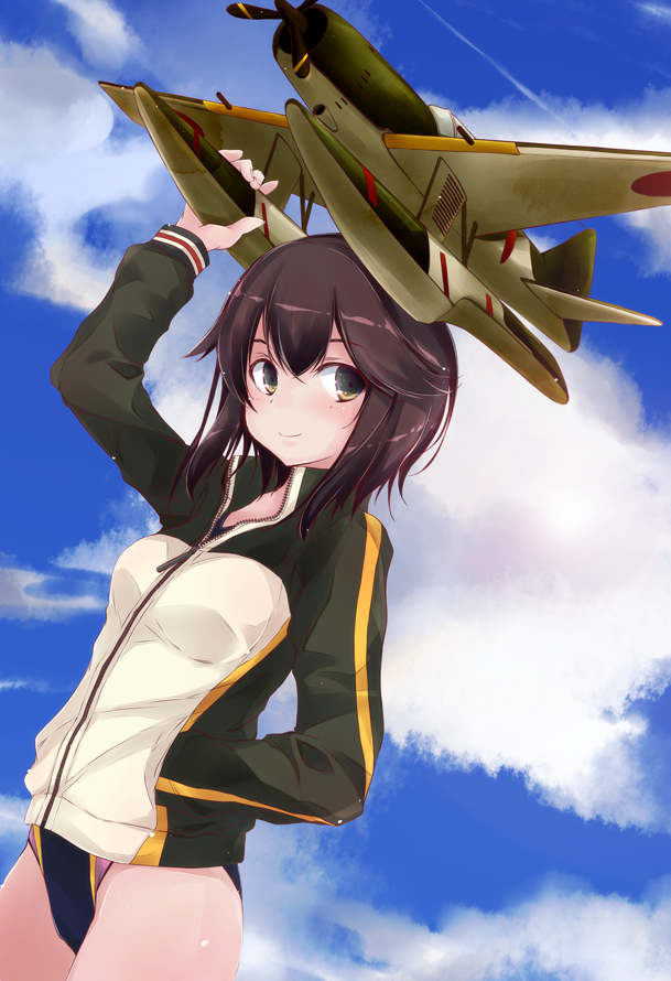 1girl aircraft airplane arm_up black_hair blue_sky clouds commentary_request competition_swimsuit cowboy_shot e16a_zuiun green_jacket grey_eyes hand_in_pocket hayasui_(kantai_collection) jacket kantai_collection multicolored multicolored_clothes multicolored_jacket one-piece_swimsuit short_hair sky solo swimsuit swimsuit_under_clothes track_jacket yumesato_makura