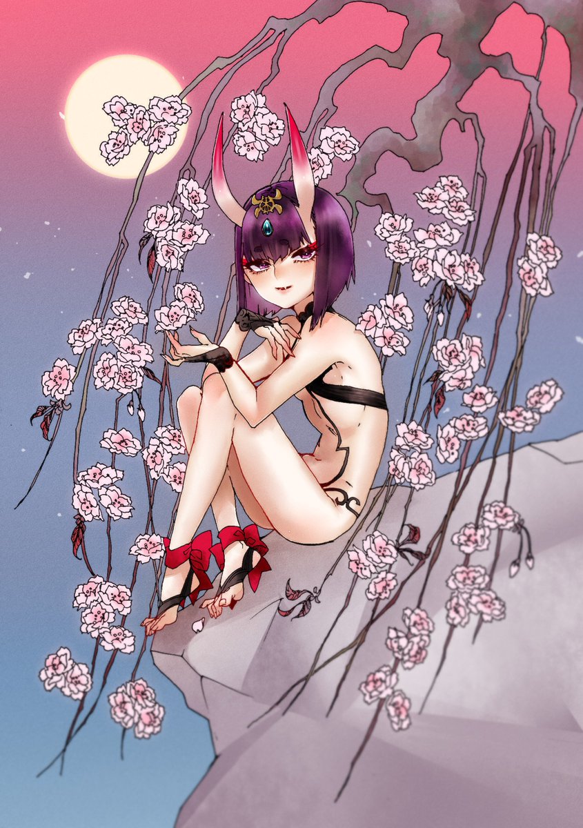 1girl ankle_ribbon bangs bare_shoulders barefoot_sandals blush bob_cut breasts bridal_gauntlets eyeliner fate/grand_order fate_(series) flower headpiece highres horns kurome_(pixiv2463942) legs looking_at_viewer makeup oni oni_horns purple_hair revealing_clothes ribbon short_eyebrows short_hair shuten_douji_(fate/grand_order) sitting small_breasts smile solo thighs violet_eyes