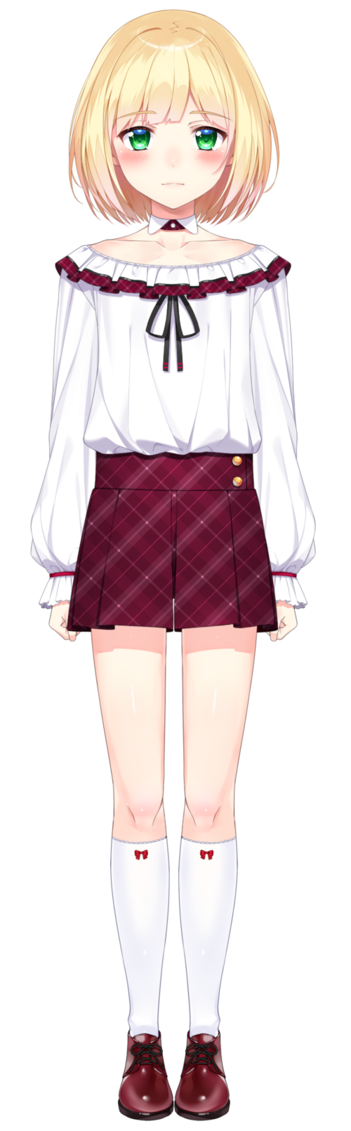 1boy bangs black_ribbon blonde_hair blouse blush closed_mouth collarbone detached_collar full_body green_eyes highres looking_at_viewer nezumidoshi nijisanji official_art red_shorts ribbon short_hair shorts smile solo standing suzuya_aki tachi-e transparent_background trap virtual_youtuber white_blouse