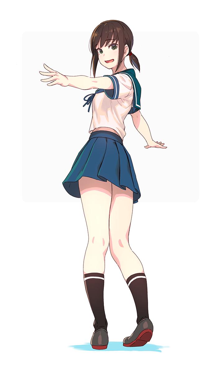 1girl bangs black_legwear blue_skirt blush breasts brown_hair eyebrows_visible_through_hair fubuki_(kantai_collection) full_body green_eyes highres kantai_collection looking_at_viewer low_ponytail open_mouth outstretched_arms pleated_skirt ponytail sailor_collar school_uniform serafuku short_sleeves sidelocks simple_background skirt socks solo standing white_background yuuji_(and)