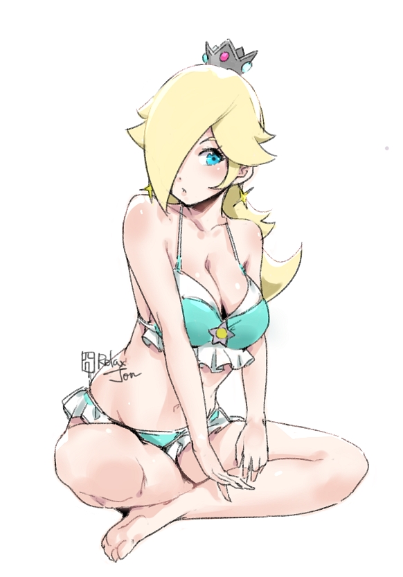 1girl aqua_bikini bare_arms bare_legs bare_shoulders barefoot bikini blonde_hair blue_eyes blush breasts cleavage collarbone commentary_request crown earrings frilled_bikini frills full_body hair_over_one_eye indian_style jewelry large_breasts long_hair looking_at_viewer super_mario_bros. navel nintendo parted_lips relaxjon rosalina signature simple_background sitting solo super_mario_galaxy swimsuit white_background