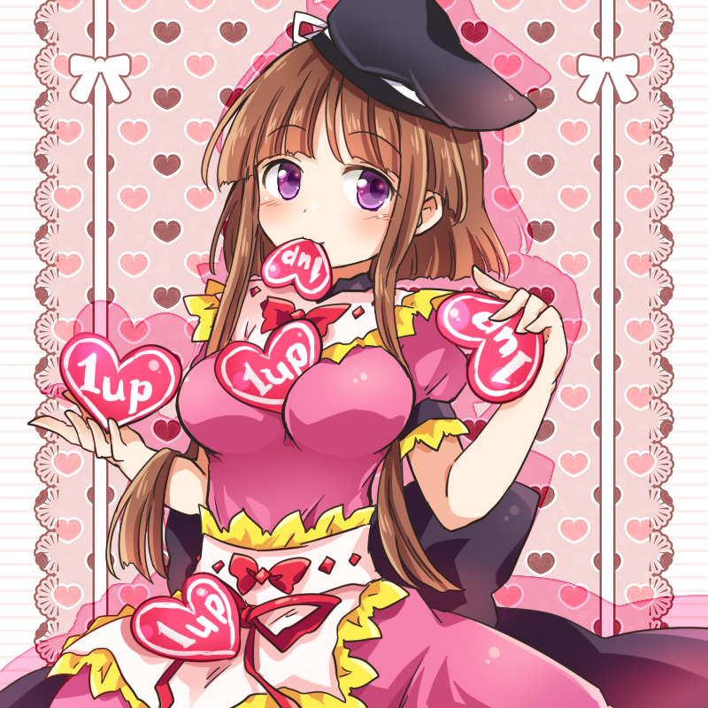 1girl 1up apron between_breasts breasts brown_hair commentary dress eyebrows_visible_through_hair hat heart heart_background holding looking_at_viewer mouth_hold nishida_satono pink_dress pote_(ptkan) power-up puffy_short_sleeves puffy_sleeves short_hair_with_long_locks short_sleeves smile solo tate_eboshi touhou violet_eyes waist_apron